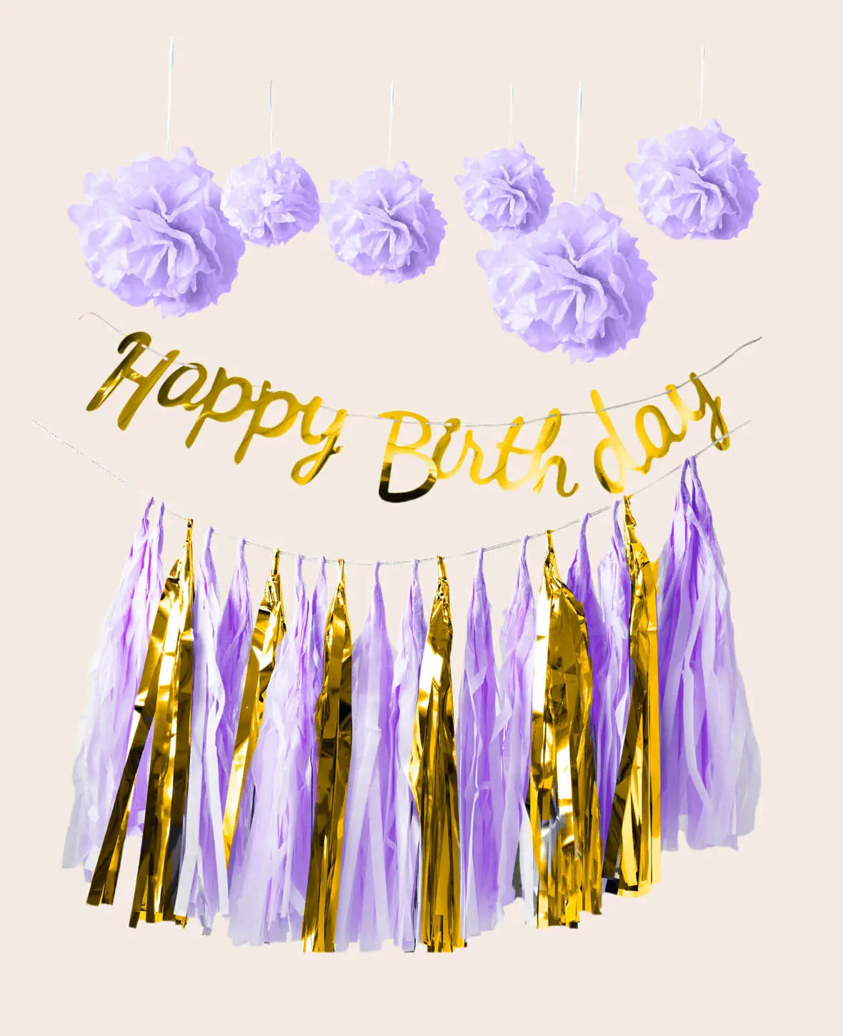 Party Dekorationsset mit Pompons, Happy Birthday Girlande und Quastengirlande, Lavendel/Gold