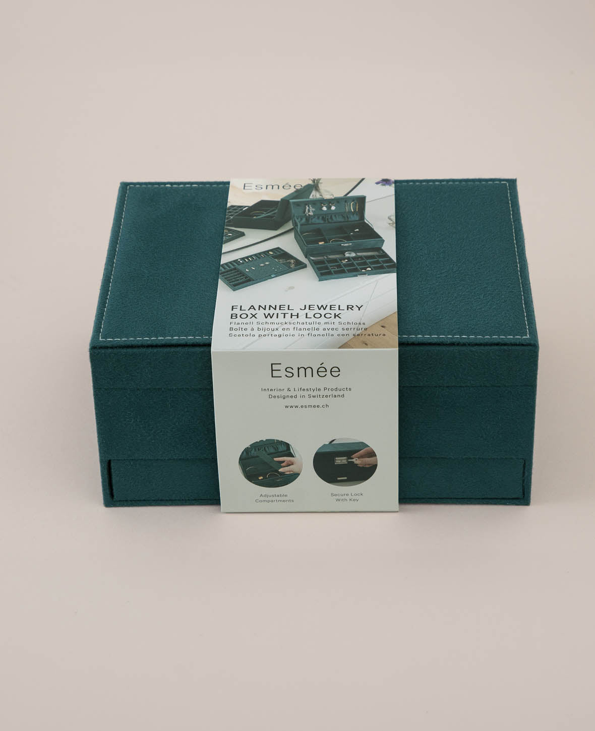 Flanell Schmuckschatulle mit Schloss Aufbewahrungsbox Organizer für Ringe / Halskette / Ohrringe / Armbänder - Dunkelgrün