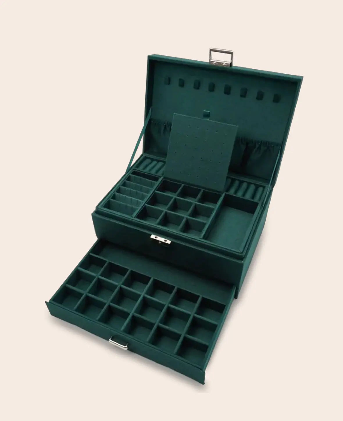 Flanell Schmuckschatulle mit Schloss Aufbewahrungsbox Organizer für Ringe / Halskette / Ohrringe / Armbänder - Dunkelgrün