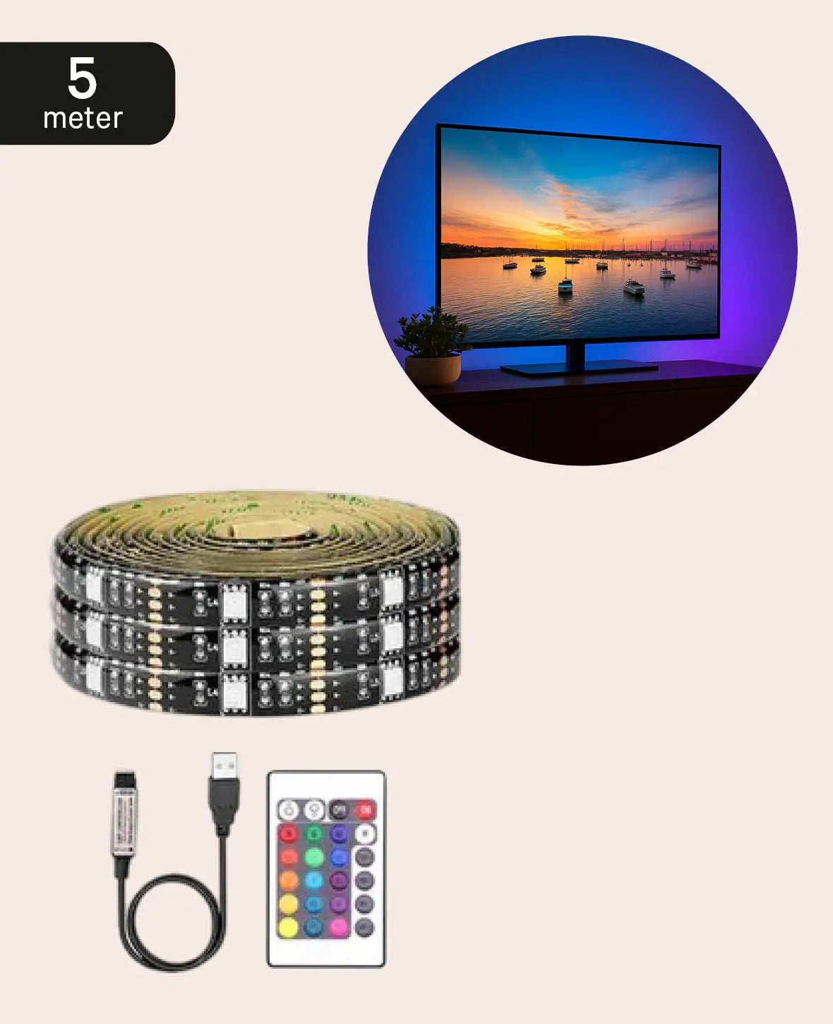Zuschneidbarer, farbiger LED Licht Streifen / RGB LED Strip, inkl. Fernbedienung, 5 m