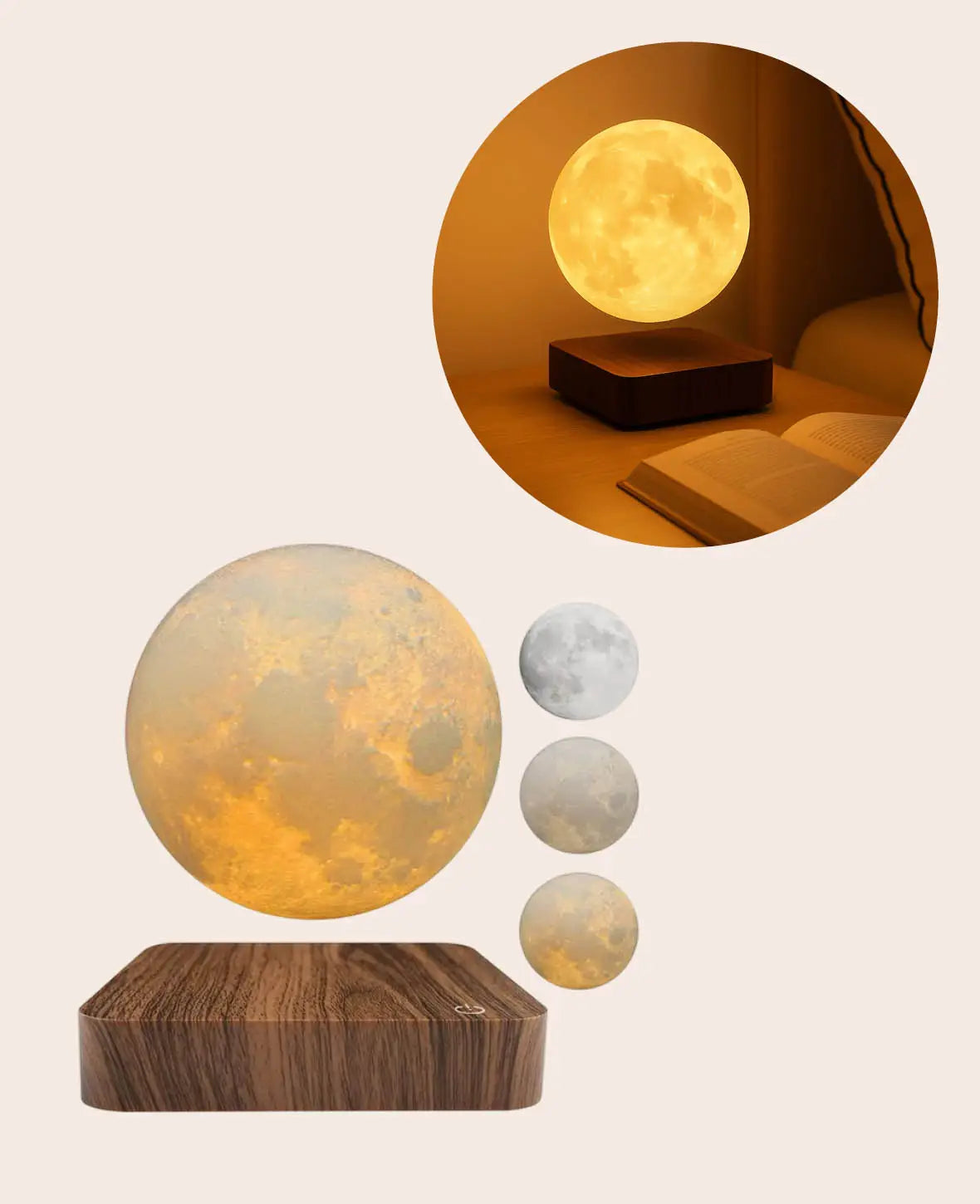 Schwebende LED Mond Lampe mit Holzsockel, Braun, Ø 15cm