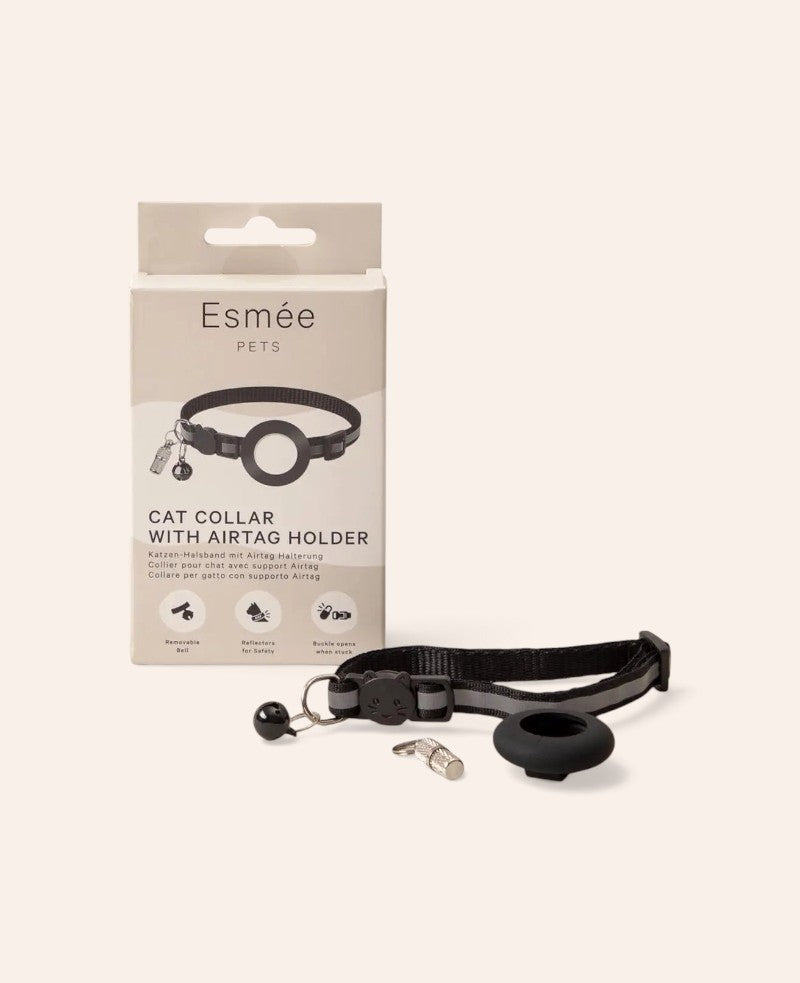 Katzen Halsband mit Apple AirTag Silikon Halterung, Adressanhänger, Schwarz
