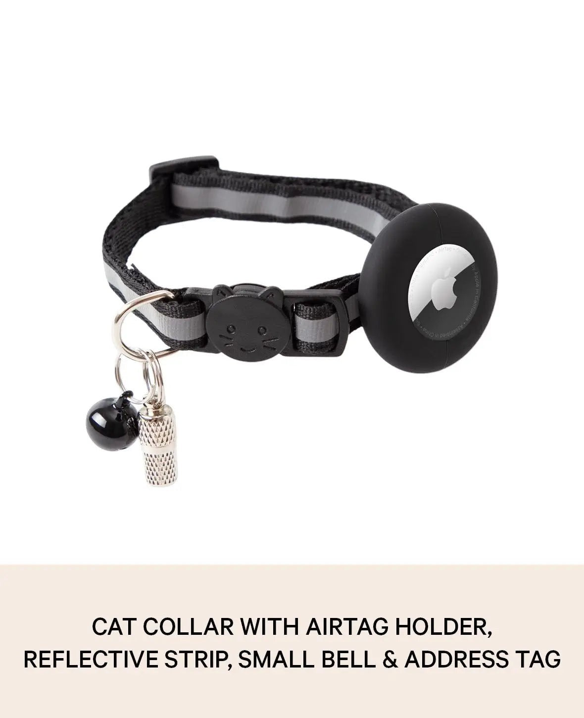 Katzen Halsband mit Apple AirTag Silikon Halterung, Adressanhänger, Schwarz
