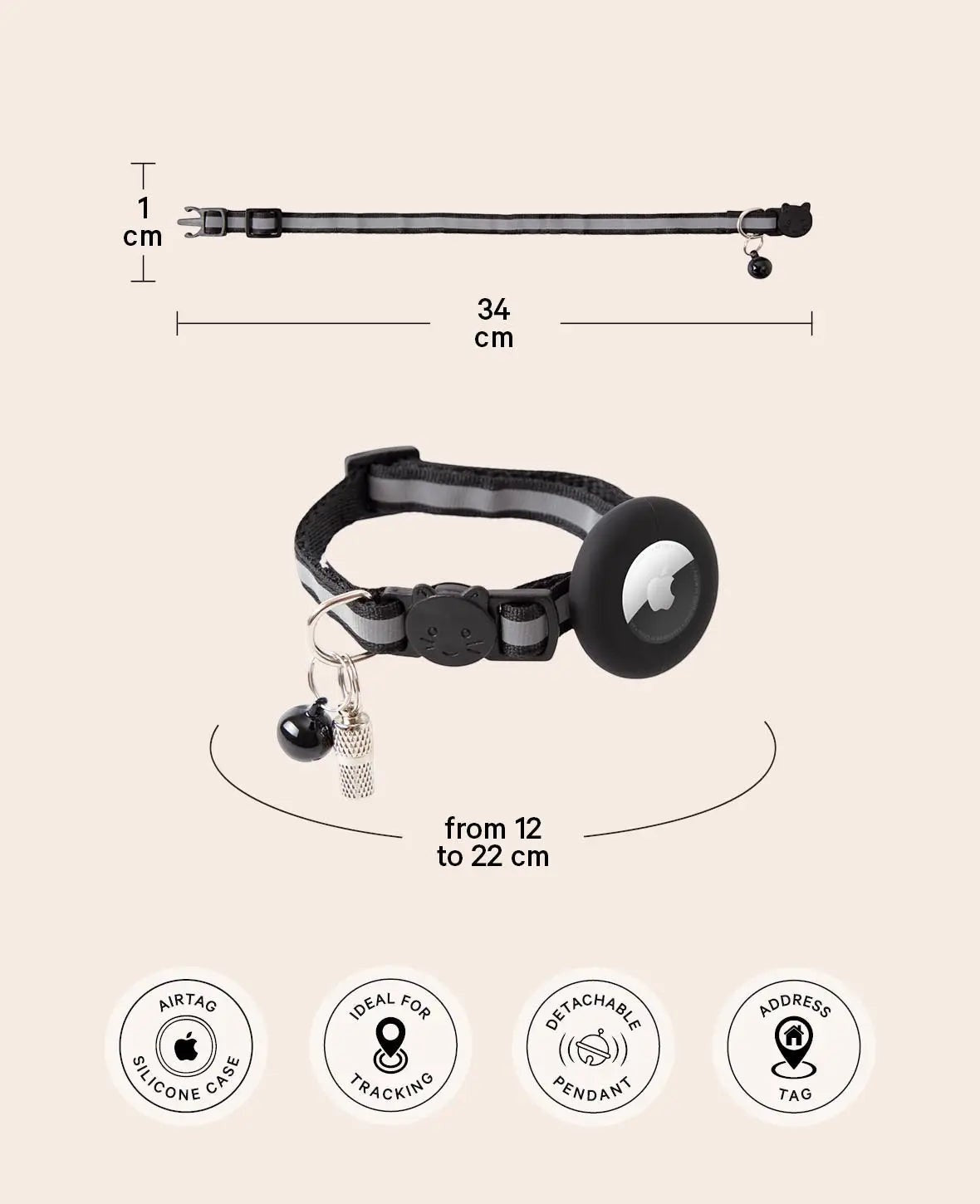 Katzen Halsband mit Apple AirTag Silikon Halterung, Adressanhänger, Schwarz