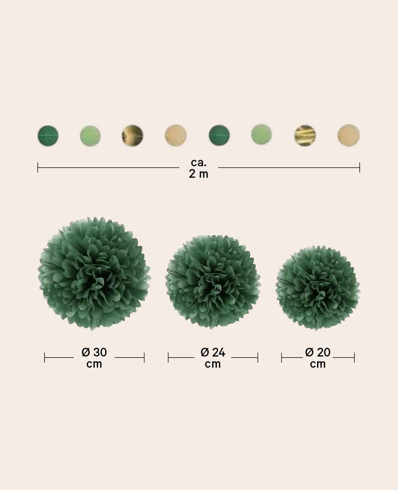 Papier Pompon's Deko Kreis Girlande Party - Grün / Braun / Beige, 15-tlg.