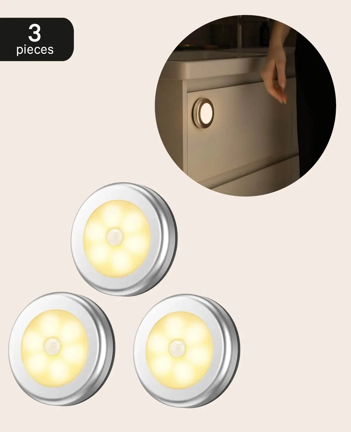Magnetisches, kabelloses LED Nachtlicht mit Bewegungssensor, Warmweiss, 3 Stk.