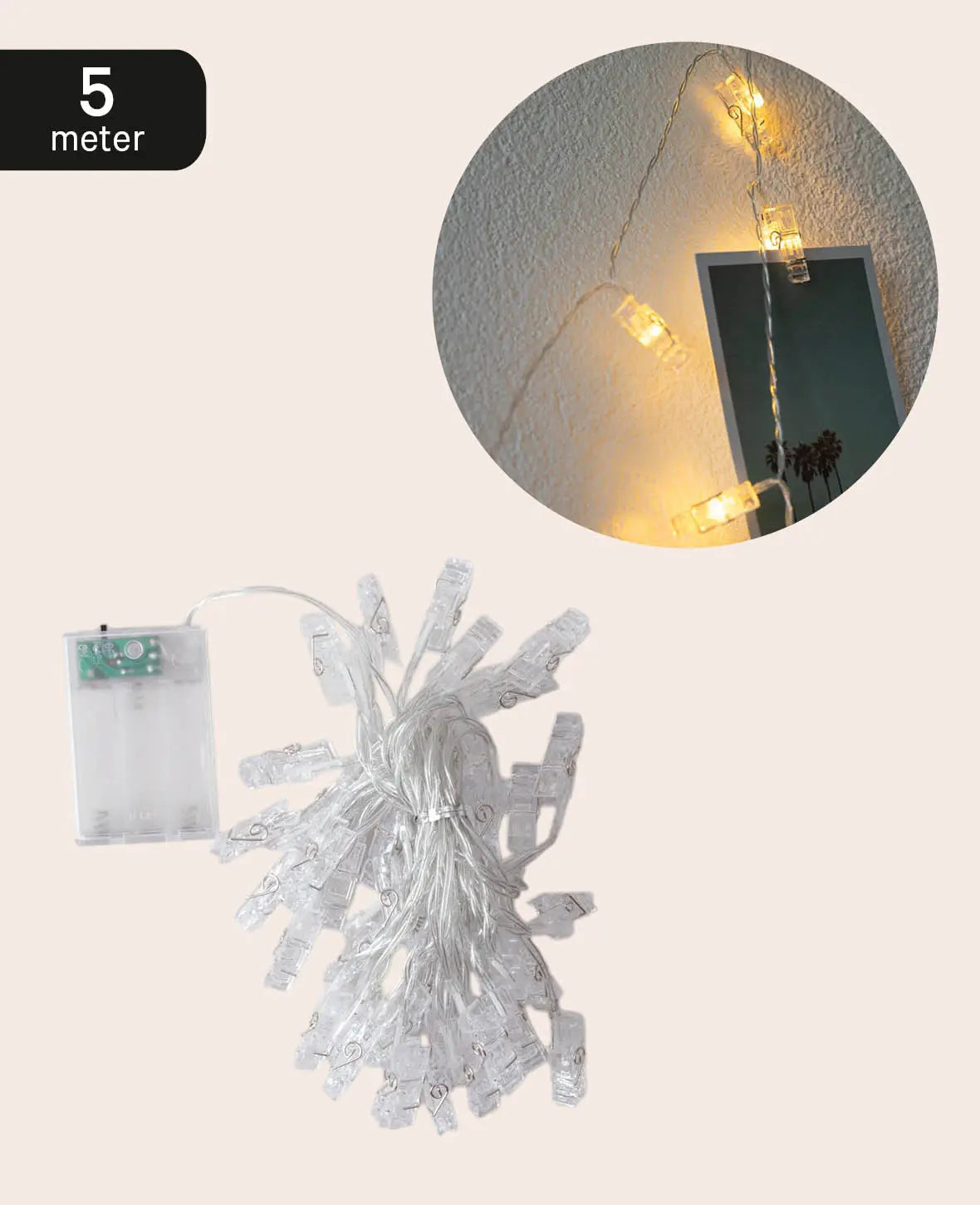 LED Lichterkette mit Foto Clips / Klammern - Warmweiss, 5 m