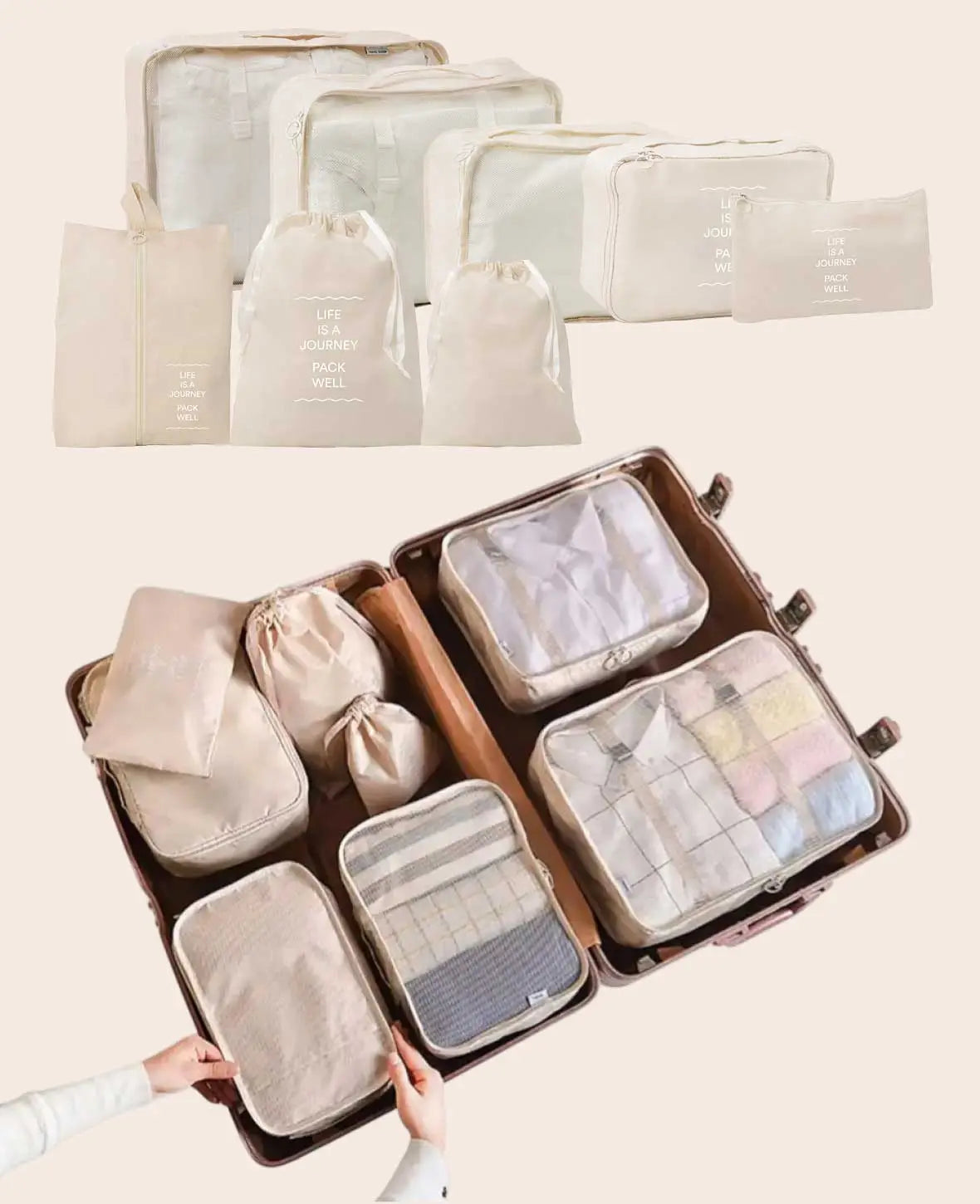 8 in 1 Reise Organiser Set für Koffer & Gepäck – Beige