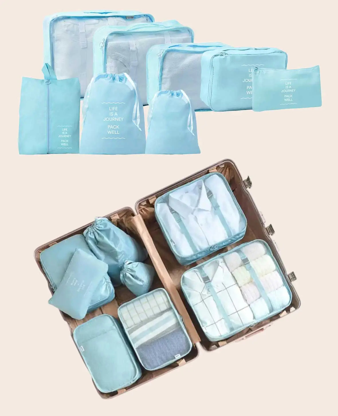 8 in 1 Reise Organiser Set für Koffer & Gepäck – Hellblau
