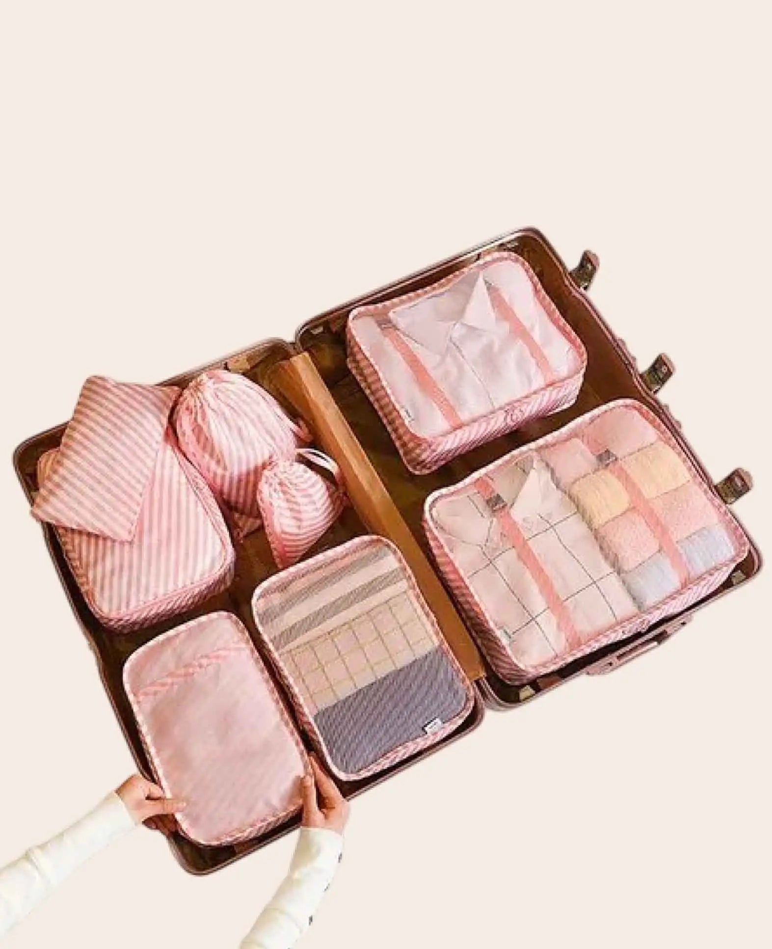 8in1 Wasserdichtes Koffer-Organizer Set – Kompression & Reise – Rosa / Weiss