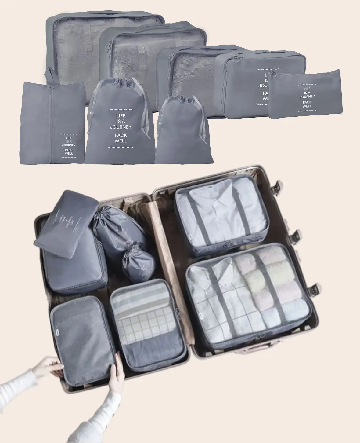 8 in 1 Reise Organiser Set für Koffer & Gepäck – Grau