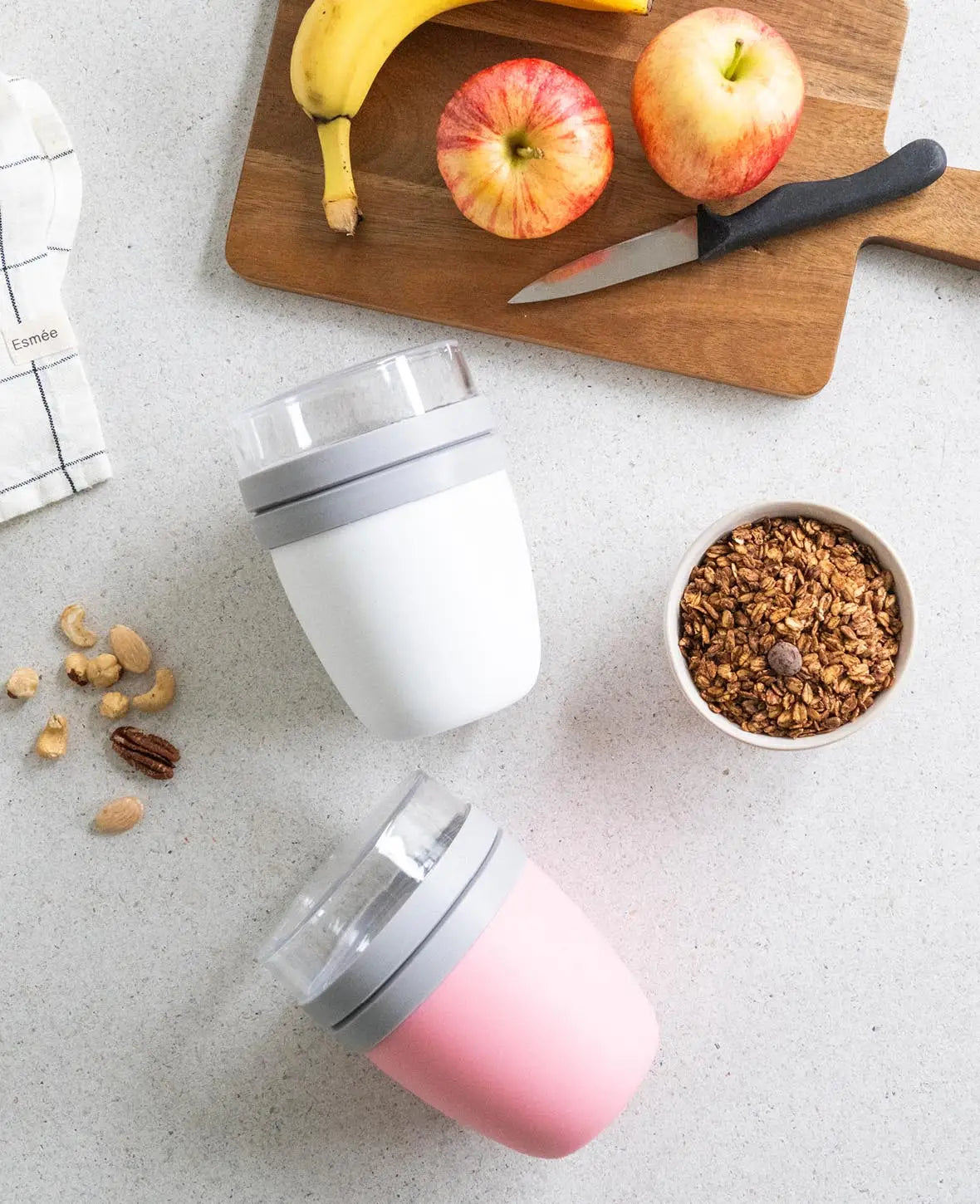 Müsli / Lunch Pot mit 2 Behältern, 700ml, Weiss / Rosa, 2 Stück