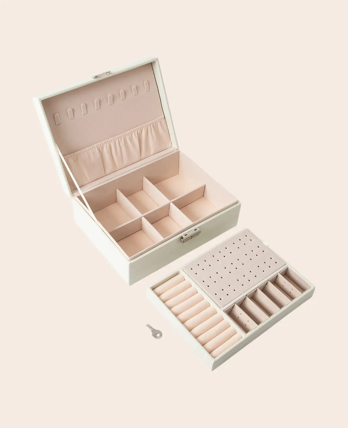 Leder Schmuckschatulle mit Schloss, Aufbewahrungsbox Organizer, Ivory