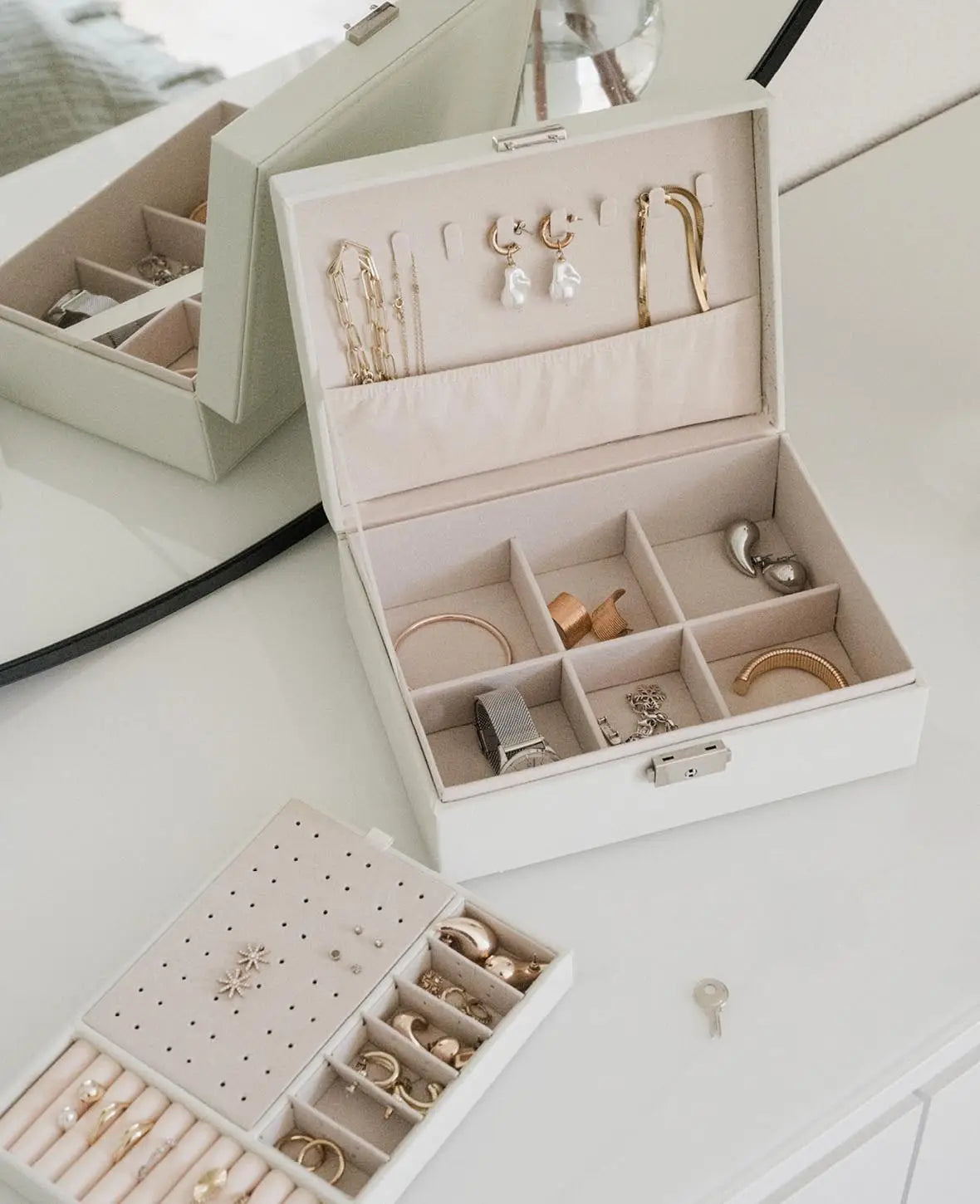 Leder Schmuckschatulle mit Schloss, Aufbewahrungsbox Organizer, Ivory