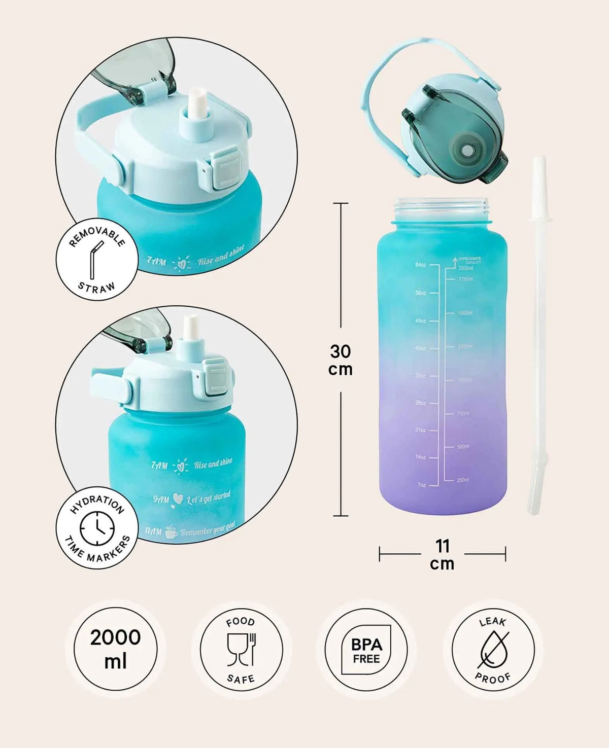 (2L) Tragbare Fitness Trinkflasche mit Zeit Markierung, Grün