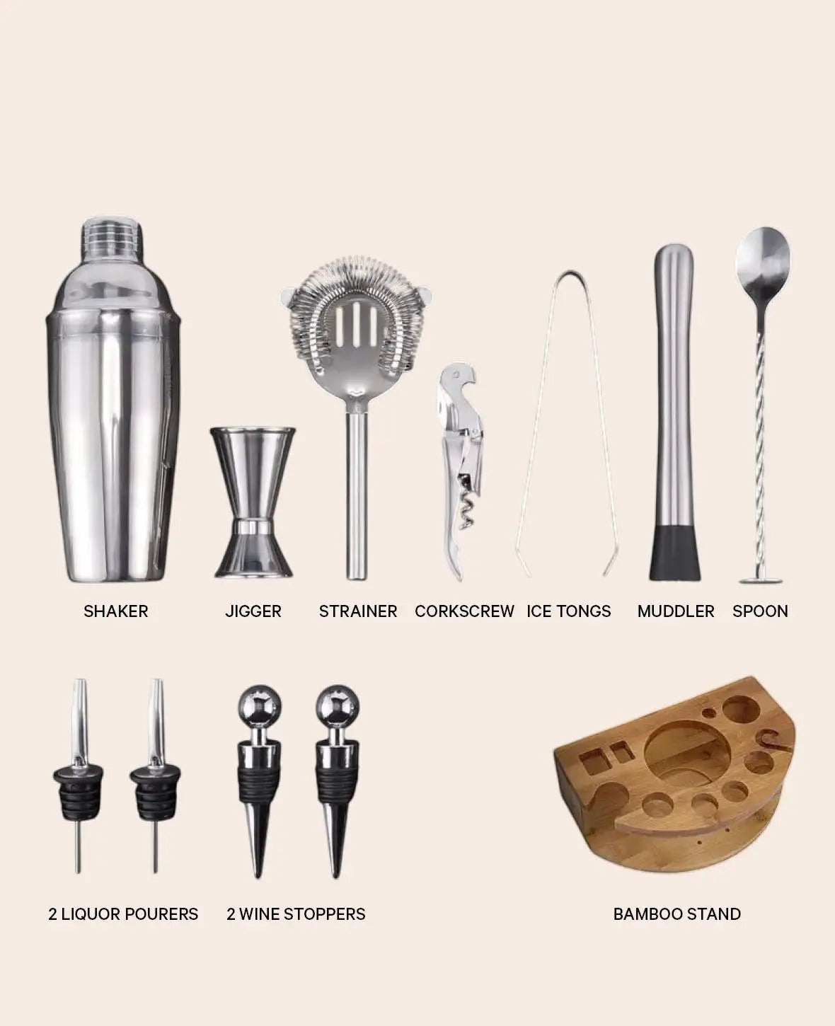 12-teiliges Cocktail Mixer / Bar Shaker Set aus Edelstahl inkl. Bambus Halterung / 350ml Silber
