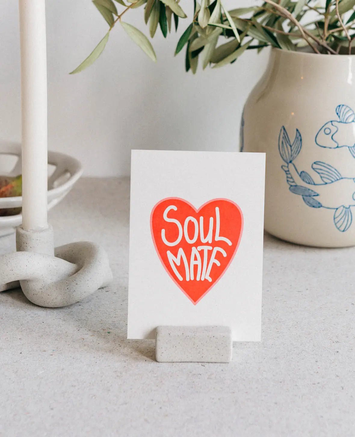 Grusskarte / Postkarte Hochformat "Soul Mate", 10.5 x 14.8 cm, weisses Naturpapier mit farbigem Print