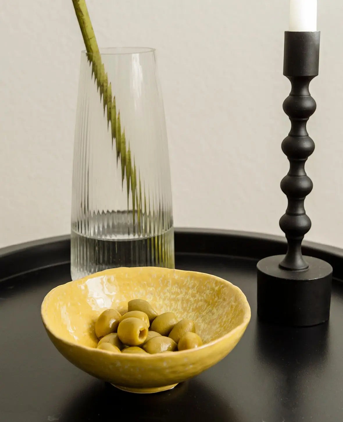 Gelbe Keramikschale mit weissem Glasurmuster, Ø 15 cm x H 5.5 cm, 300 ml