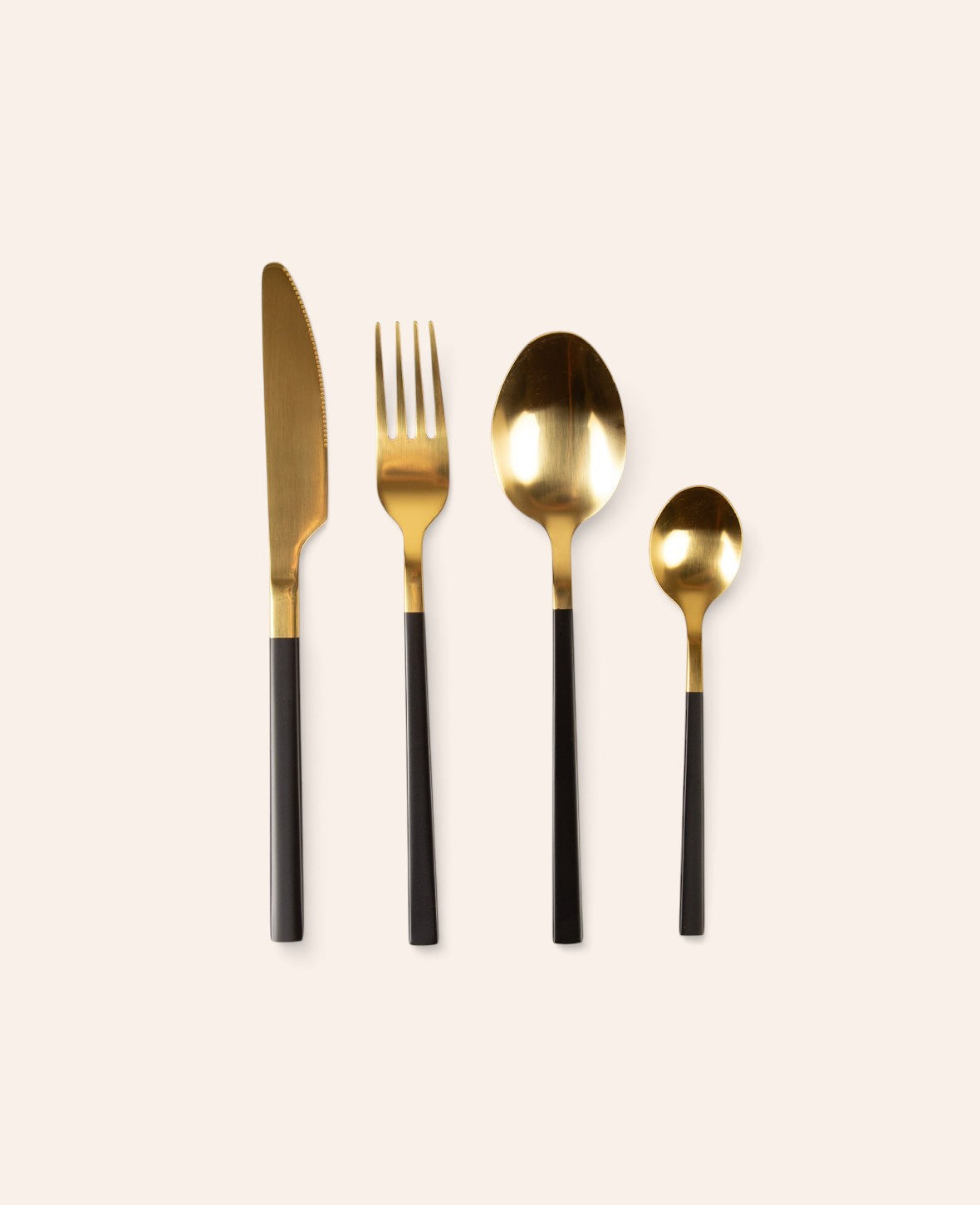 Esmée 16-teiliges Besteckset aus Edelstahl mit glänzenden goldfarbenen Köpfen und eleganten schwarzen Griffen