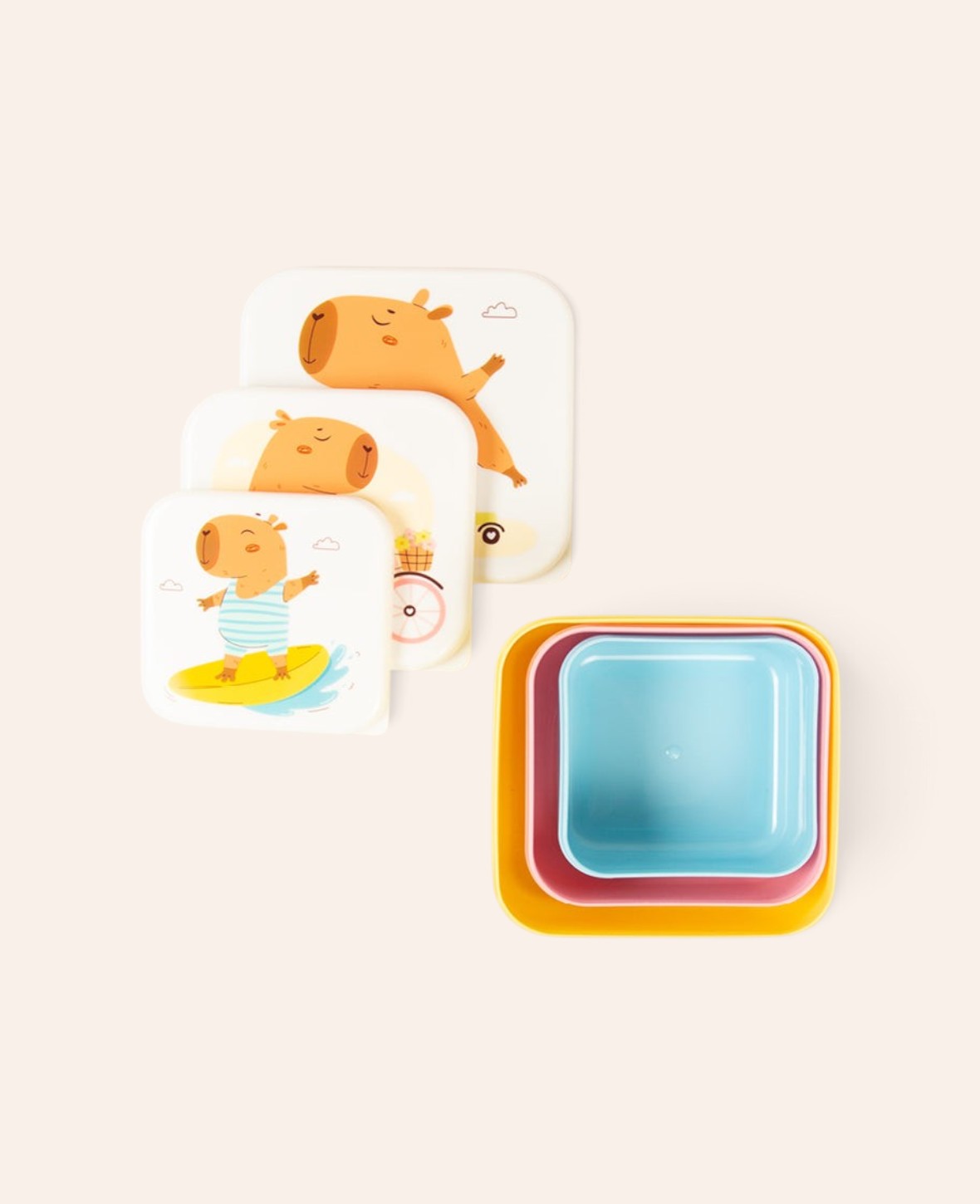 Esmée 3er Set Lunchboxen für Kinder mit niedlichen Capybara-Motiven in Blau, Rosa und Gelb aus Polypropylen