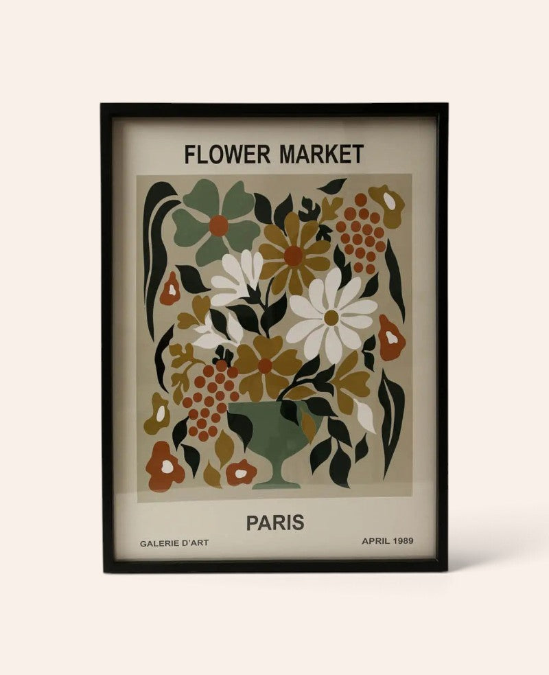 Esmée gerahmtes Wandbild Flowermarket Paris mit floraler Illustration in Erdtönen und schwarzem Rahmen