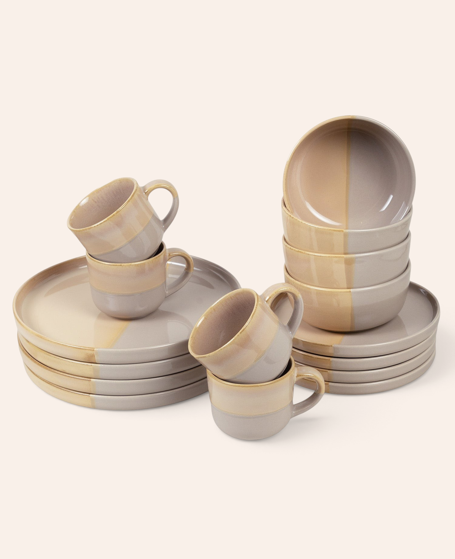 Esmée 16-teiliges Geschirrset aus Steingut in Grau und Beige mit Tellern, Tassen und Schalen