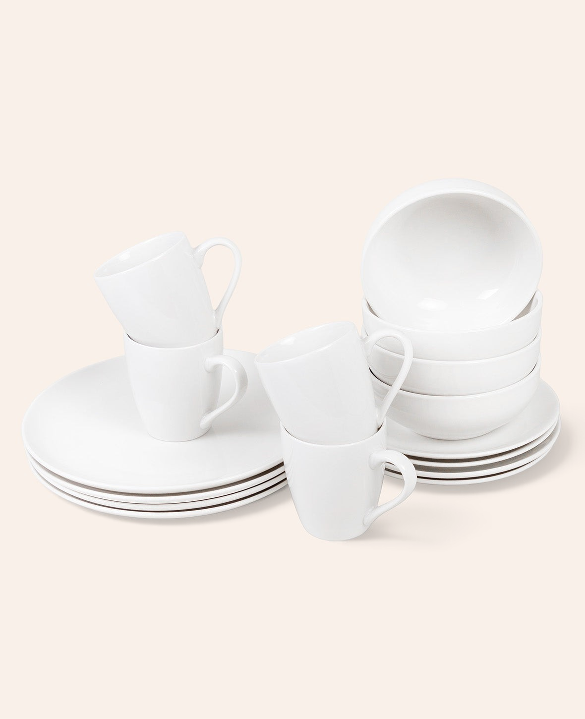 Esmée 16-teiliges Geschirrset aus weissem New Bone Porzellan mit Tellern, Tassen und Schalen im schlichten Design