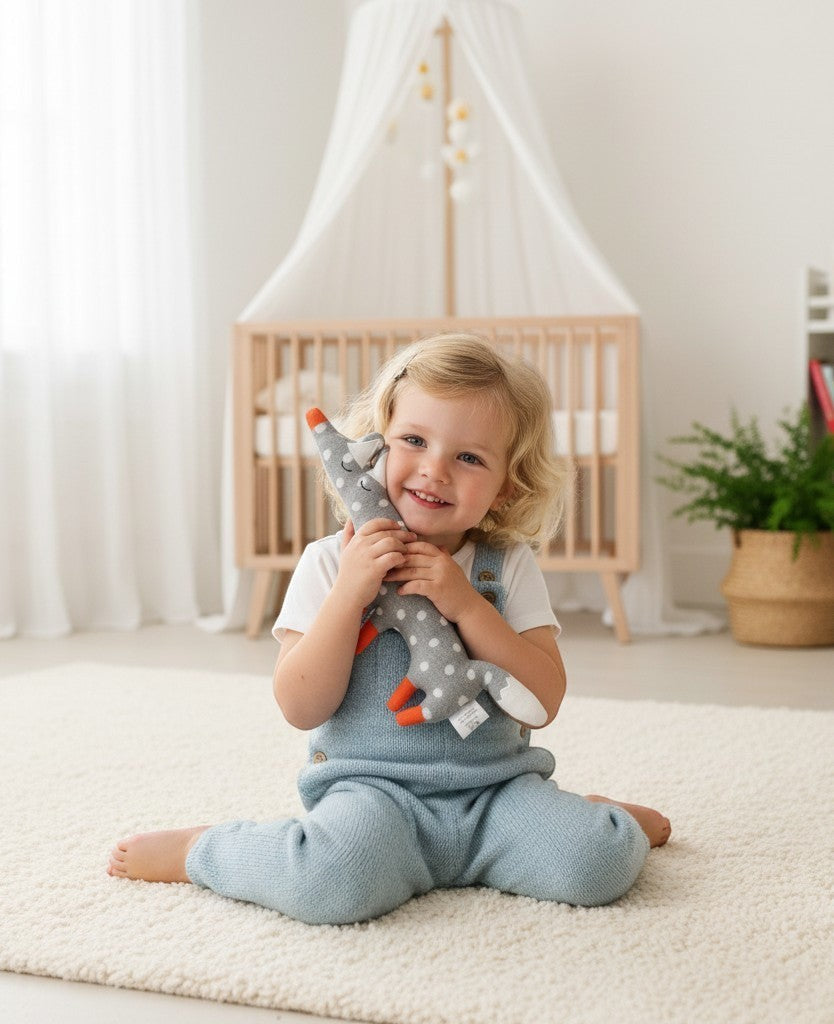 Kleines Mädchen hält Esmée gestrickten Fuchs aus grauer Baumwolle mit weissen Punkten im hellen Kinderzimmer.