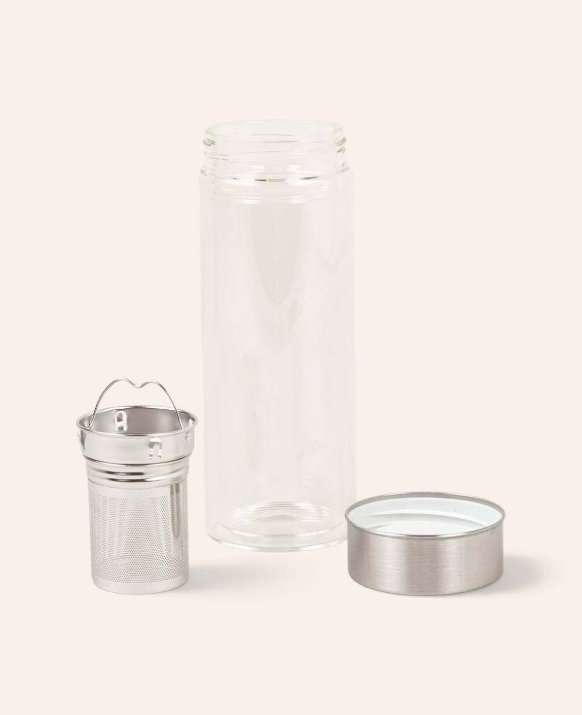 Esmée doppelwandige Borosilikatglas-Trinkflasche mit herausnehmbarem Edelstahl-Teesieb und Edelstahldeckel