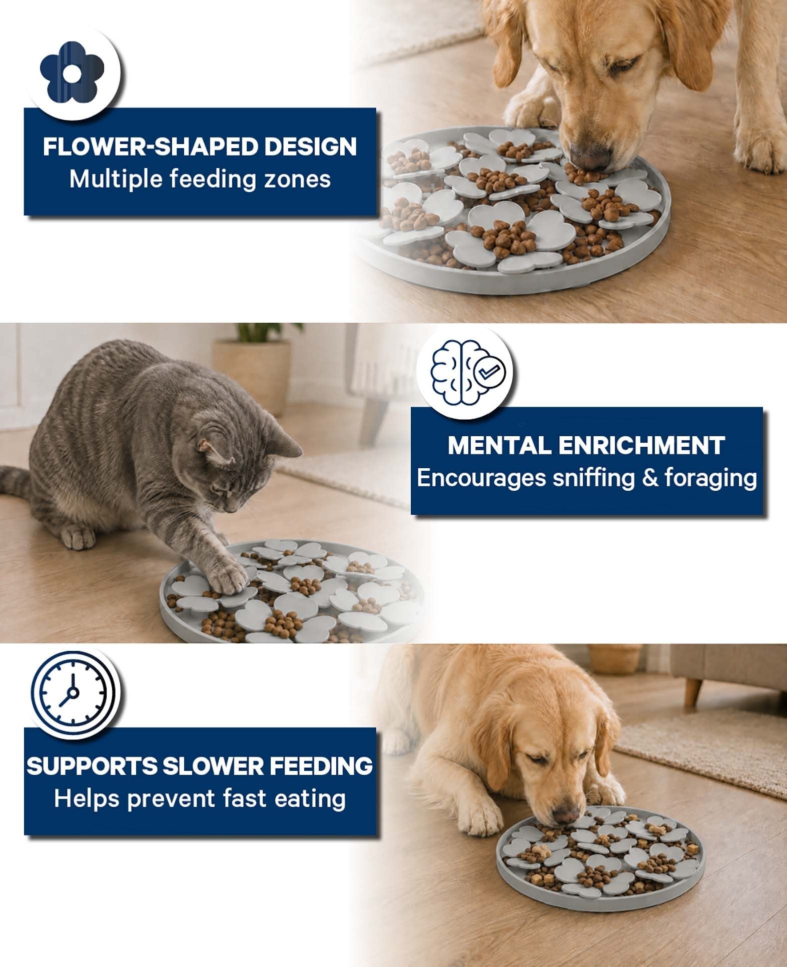Esmée graue blütenförmige Schleckmatte für Hunde und Katzen zur langsamen Futteraufnahme und mentalen Beschäftigung