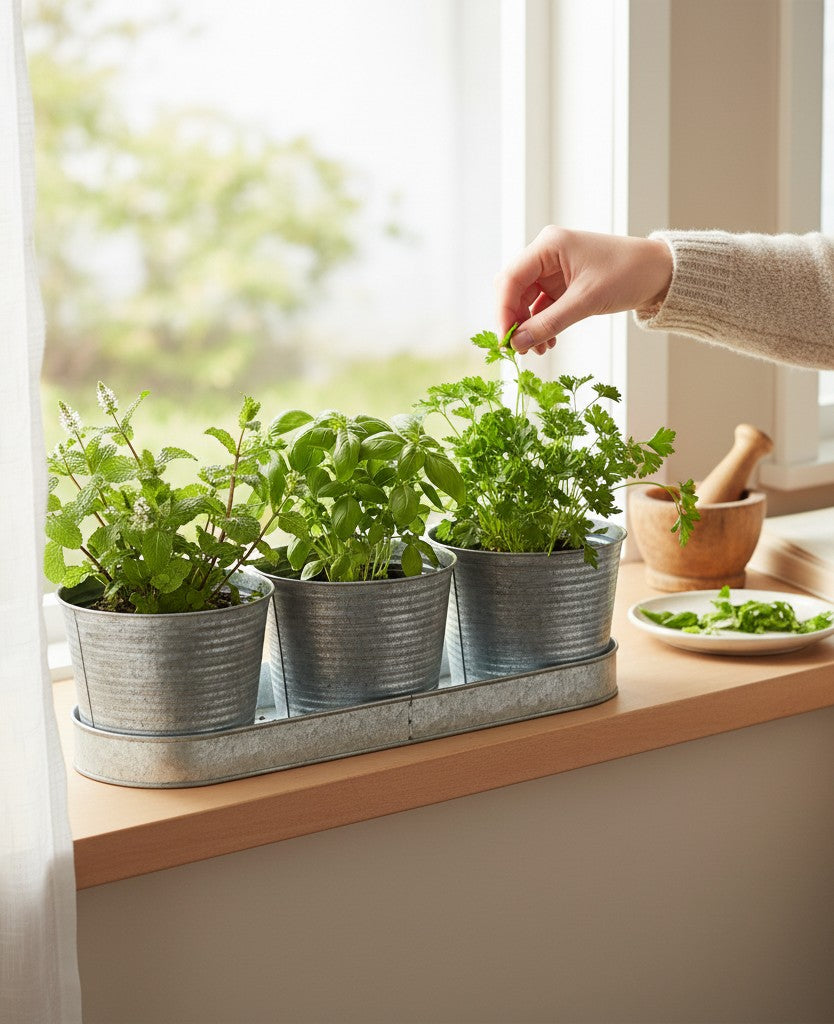 Esmée 3er Set Kräutertöpfe aus silbergrauem Blech mit Rillung auf einer Fensterbank mit frischen Kräutern
