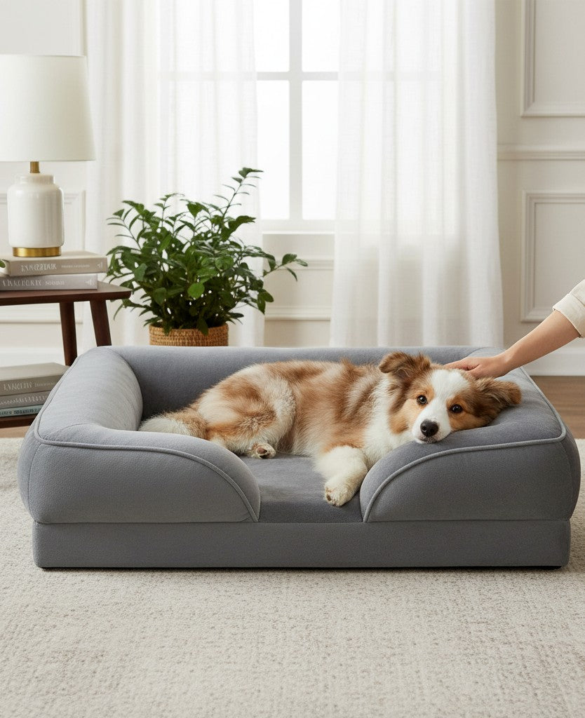 Esmée graues, ergonomisches Memory Foam Hundesofa für orthopädischen Komfort, mit liegendem Hund in hellem Wohnzimmer.