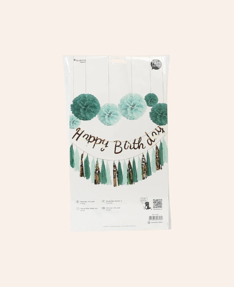 Esmée Party-Set in Mint und Gold mit Pompons, Happy Birthday Girlande und Quastengirlande aus Seidenpapier
