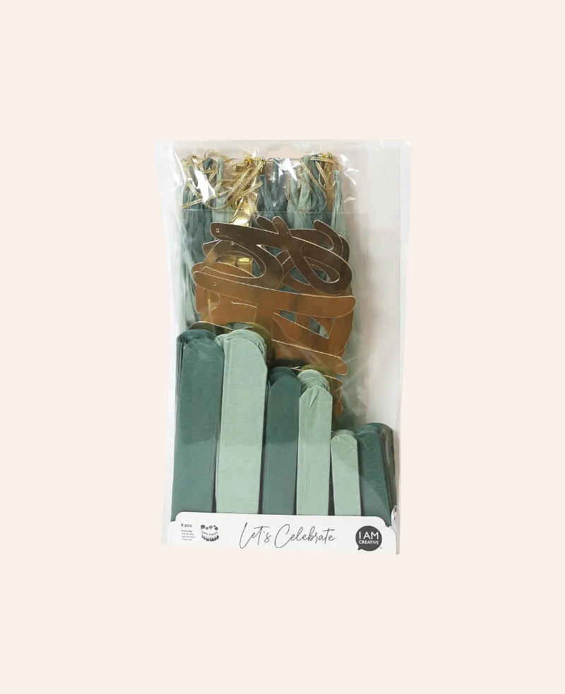 Esmée Party-Set in Mint und Gold mit Pompons, Happy Birthday Girlande und Quastengirlande für Dekorationen