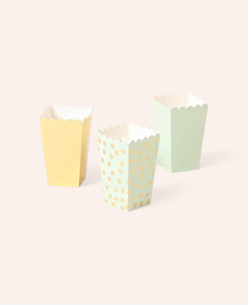 Esmée Popcorn Boxen in Mint und Gold aus Karton, 10 cm hoch, ideal für Partys und Filmabende