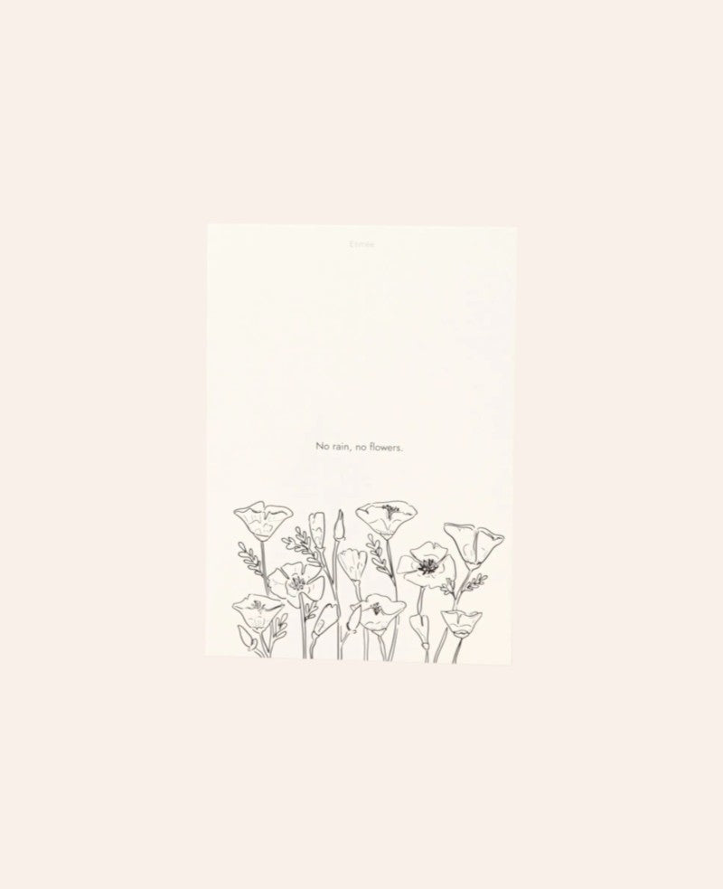 Esmée Postkarte im A6 Format aus weissem Naturpapier mit schwarzem Blumen-Line-Art-Print und No Rain no Flowers Text