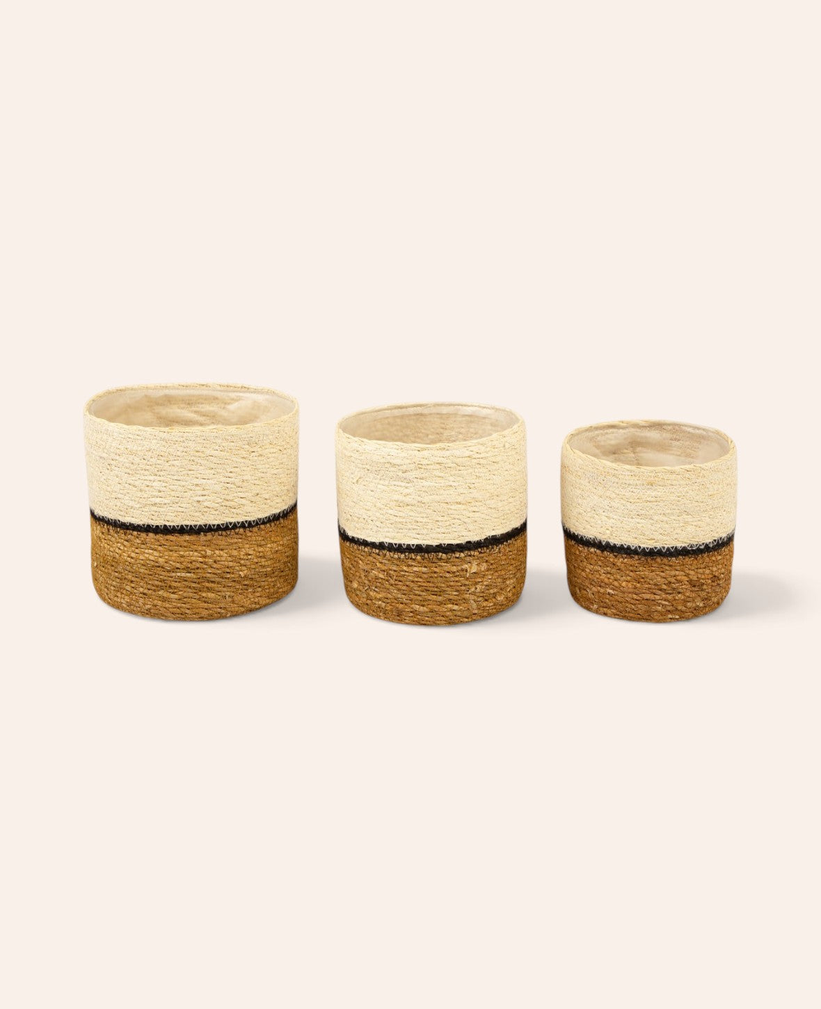 Esmée 3er Set handgefertigte Körbe aus hellem Seegras mit Innenauskleidung und zweifarbigem Design