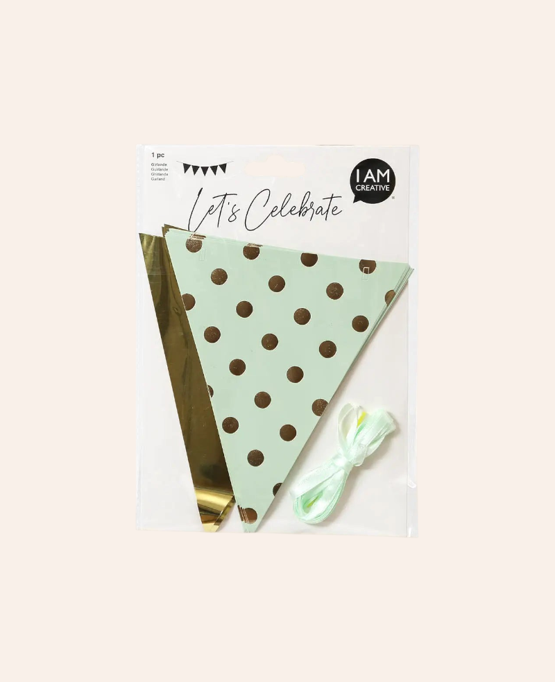 Esmée Wimpelgirlande in Mint und Gold mit Punkten, 3,6 m lang, ideal für Partys und festliche Dekorationen.