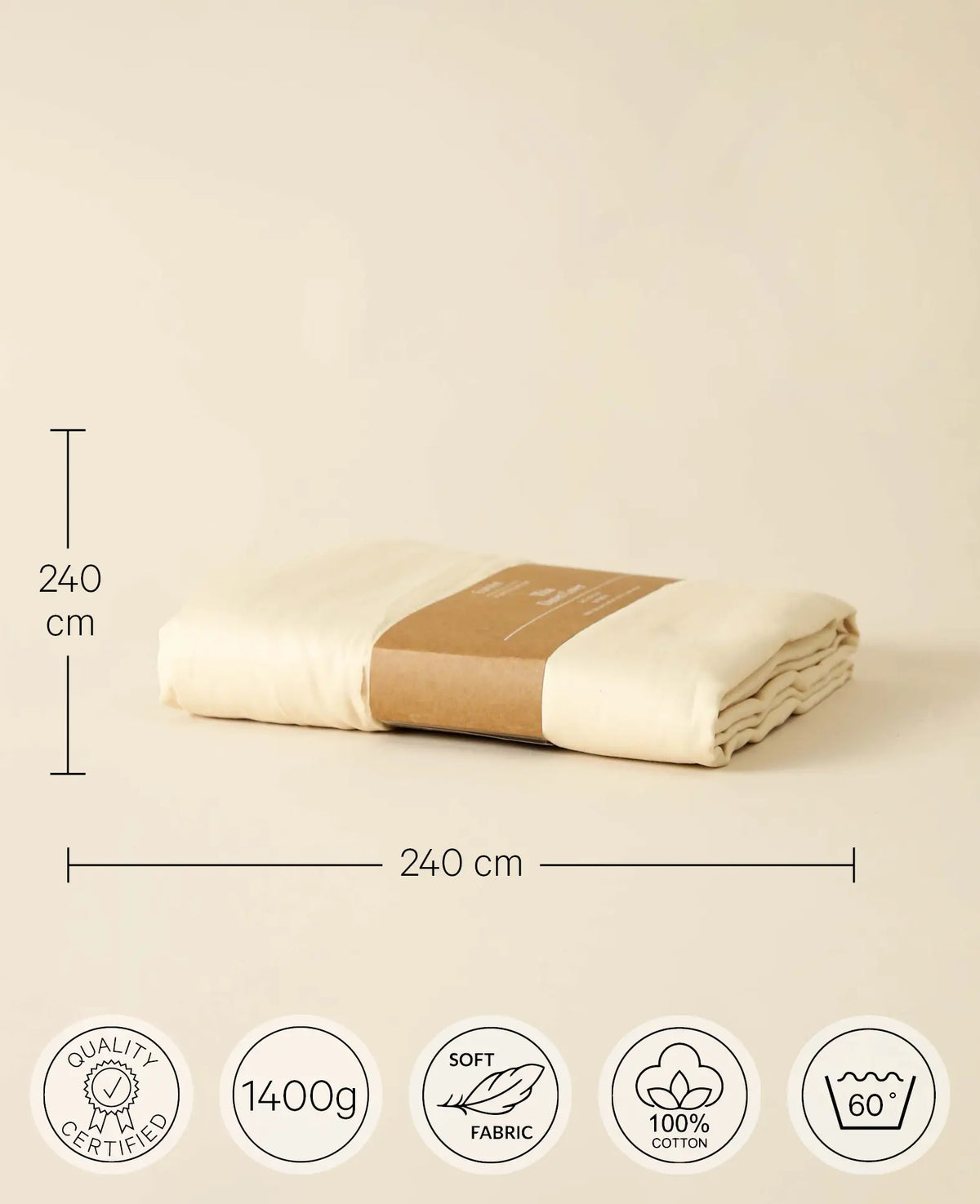 "Thia Oatmeal" Bettbezug / Duvetbezug aus Cremefarbenem Bio Baumwoll-Satin, 240 x 240 cm
