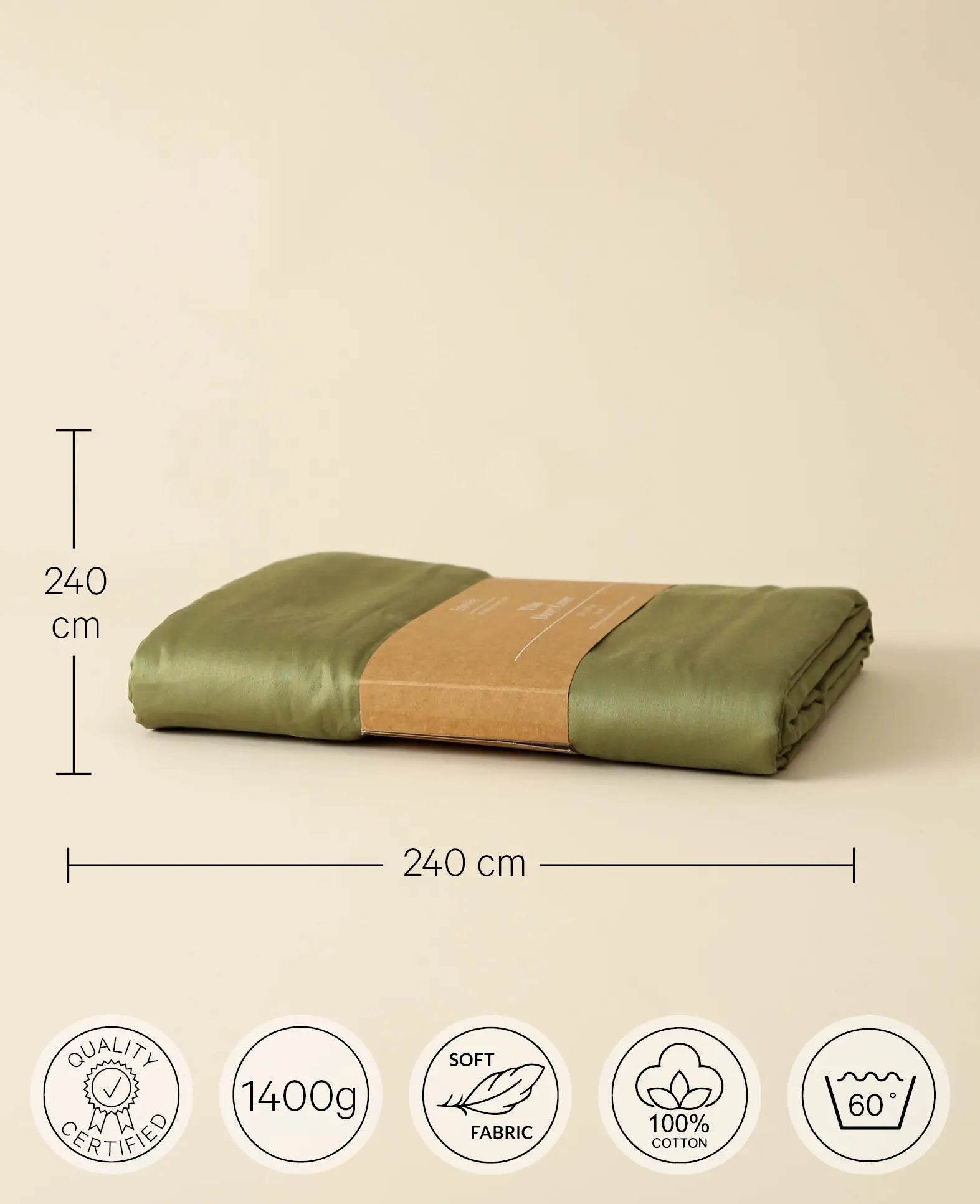 "Thia Olive" Bettbezug / Duvetbezug aus Olivgrünem Bio Baumwoll-Satin, 240 x 240 cm