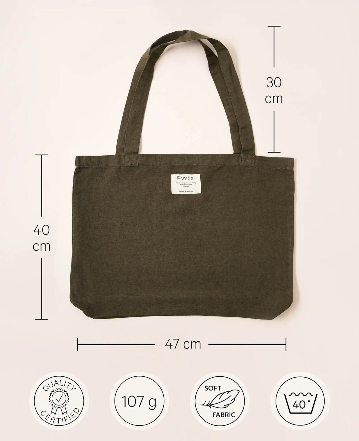 Totebag "Lora" aus olivgrünem Baumwoll-Leinenmix, 47 cm x 40 cm