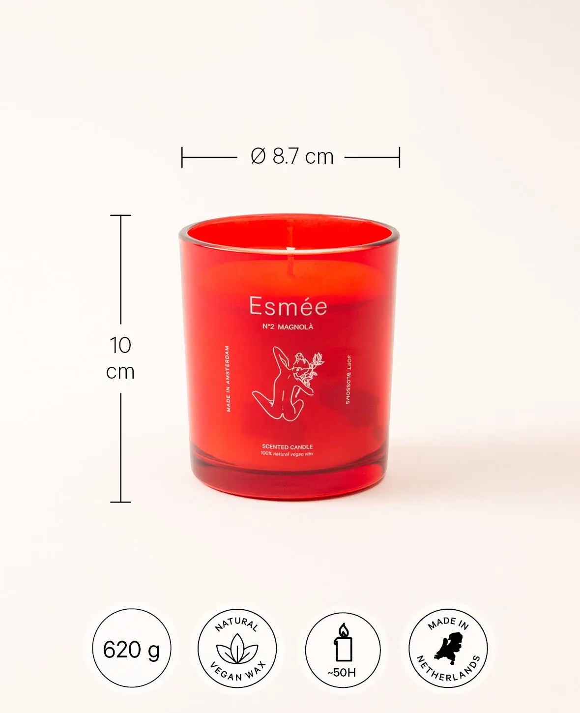 Esmée Premium Scents - N°2 Magnolà, Duftkerze mit Duftnote "Soft Blossoms", 280 g, Rot