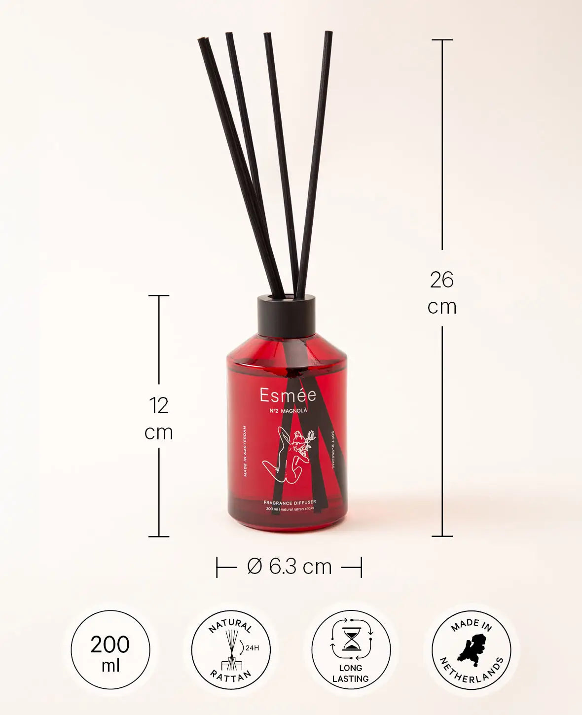 Esmée Premium Scents - N°2 Magnolà, Diffusor mit Duftnote "Soft Blossoms", 200 ml, Rot