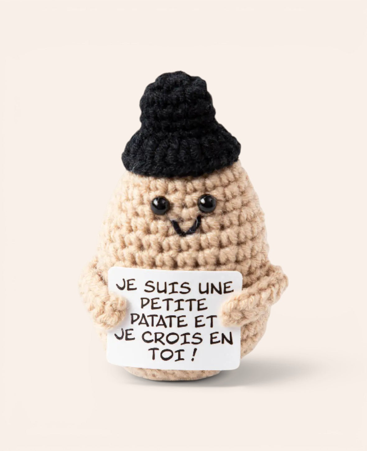 Positive Potato Français, Gehäkeltes Mini Plüschtier / Glücksbringer, Beige, ca. 9.5 x 5 cm