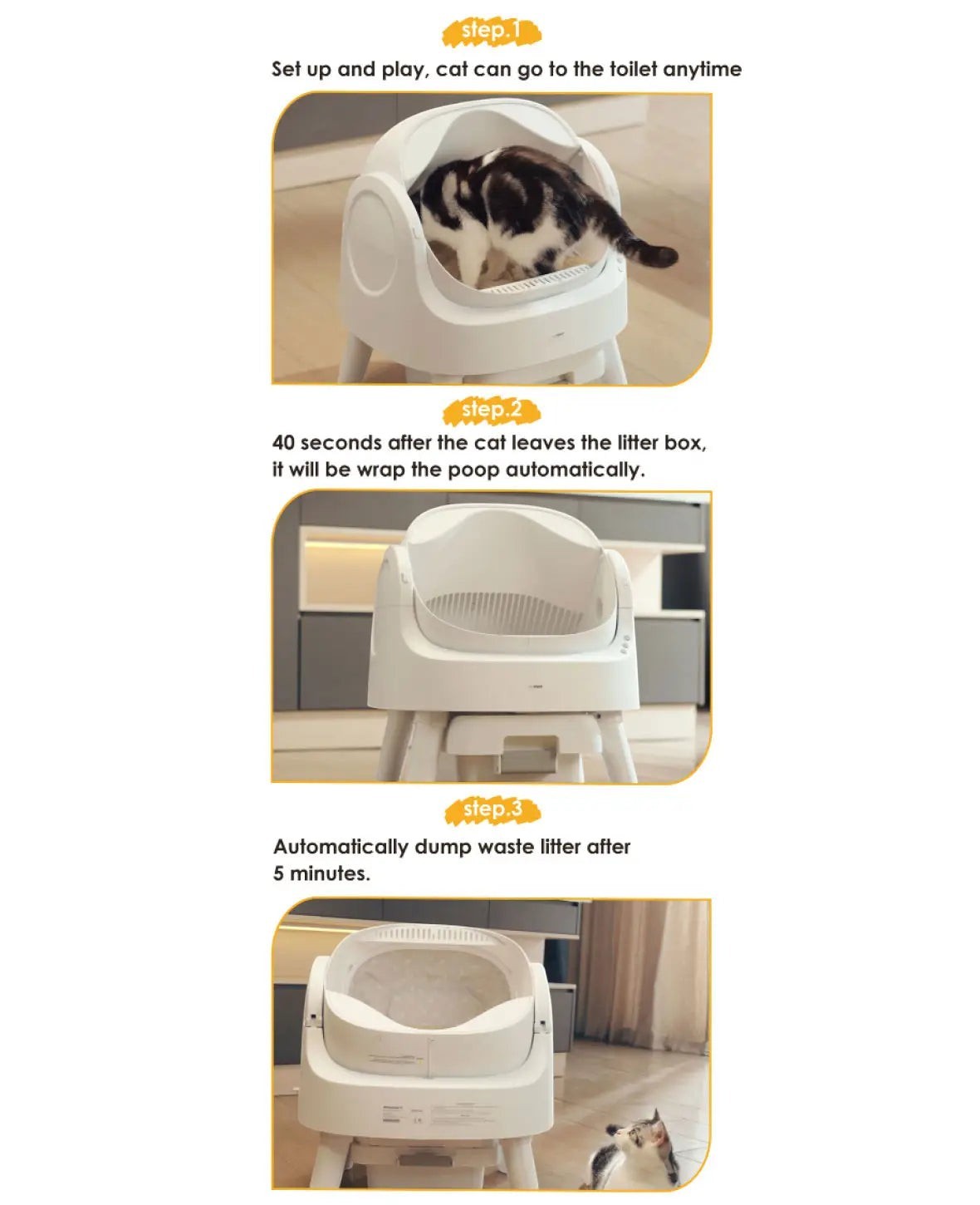 Selbstreinigende Katzentoilette mit Beutel, offen & leise