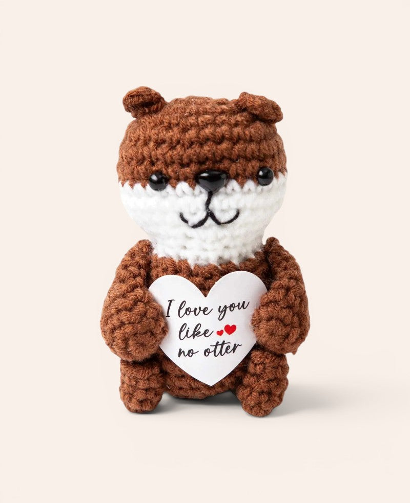 Positive Otter "I love you like no otter", Gehäkeltes Mini Plüschtier / Glücksbringer, Braun, ca. 10 x 6.5 cm
