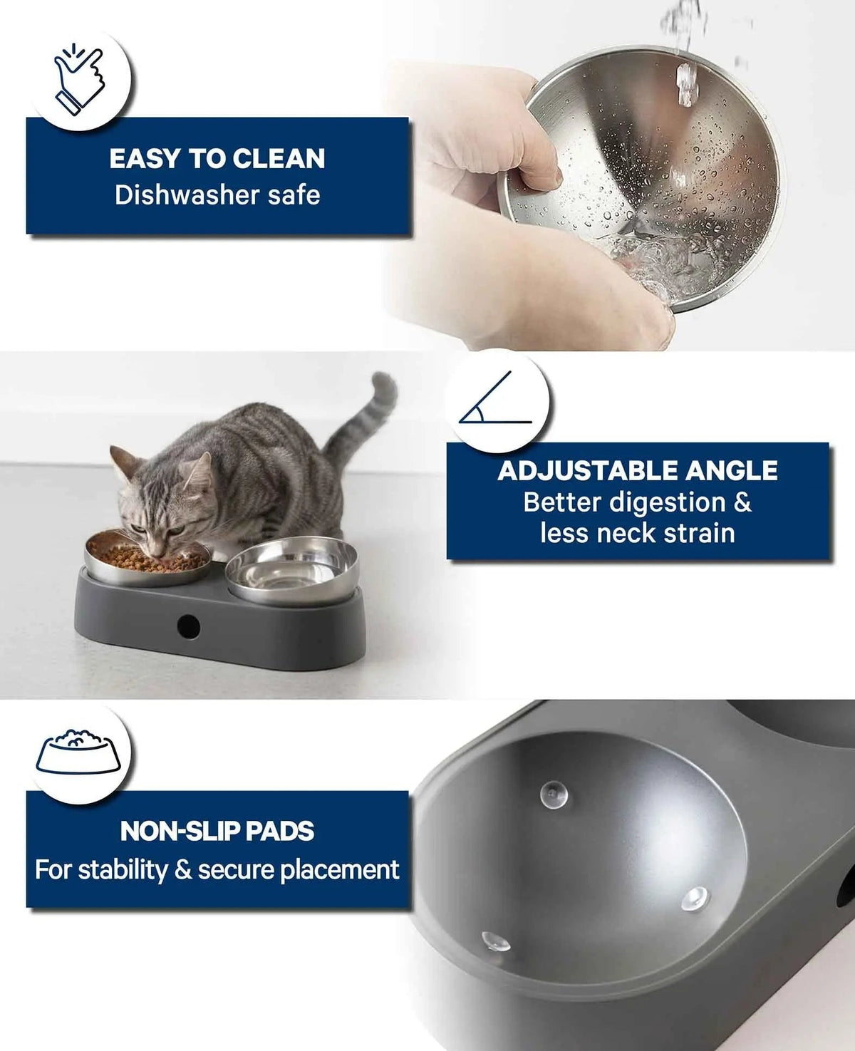 Doppel-Futternapf für Katzen aus Edelstahl, Ergonomisch, Grau