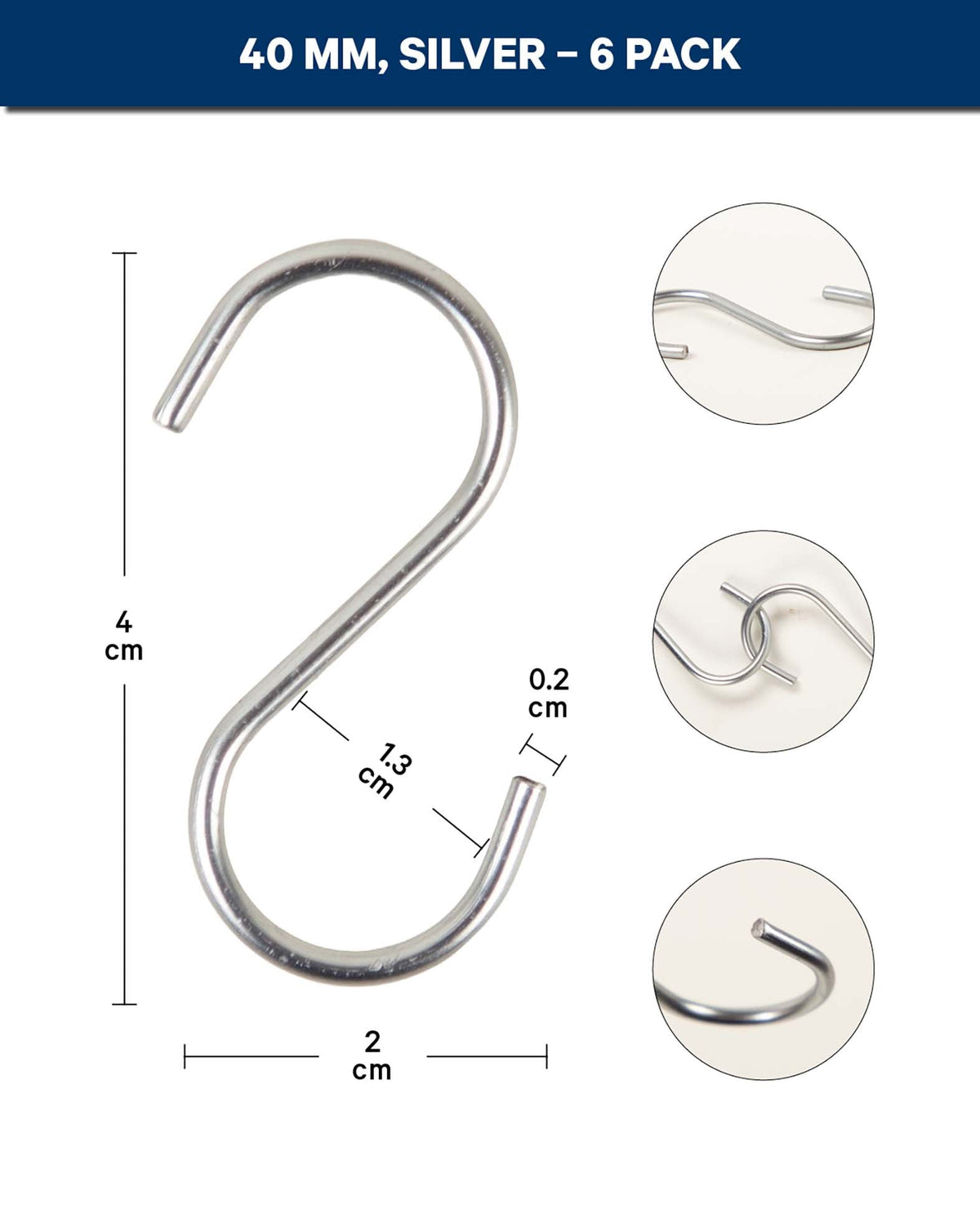 S-Haken aus Metall zum Aufhängen, Silber, 4 x 2 cm, 6 Stk.