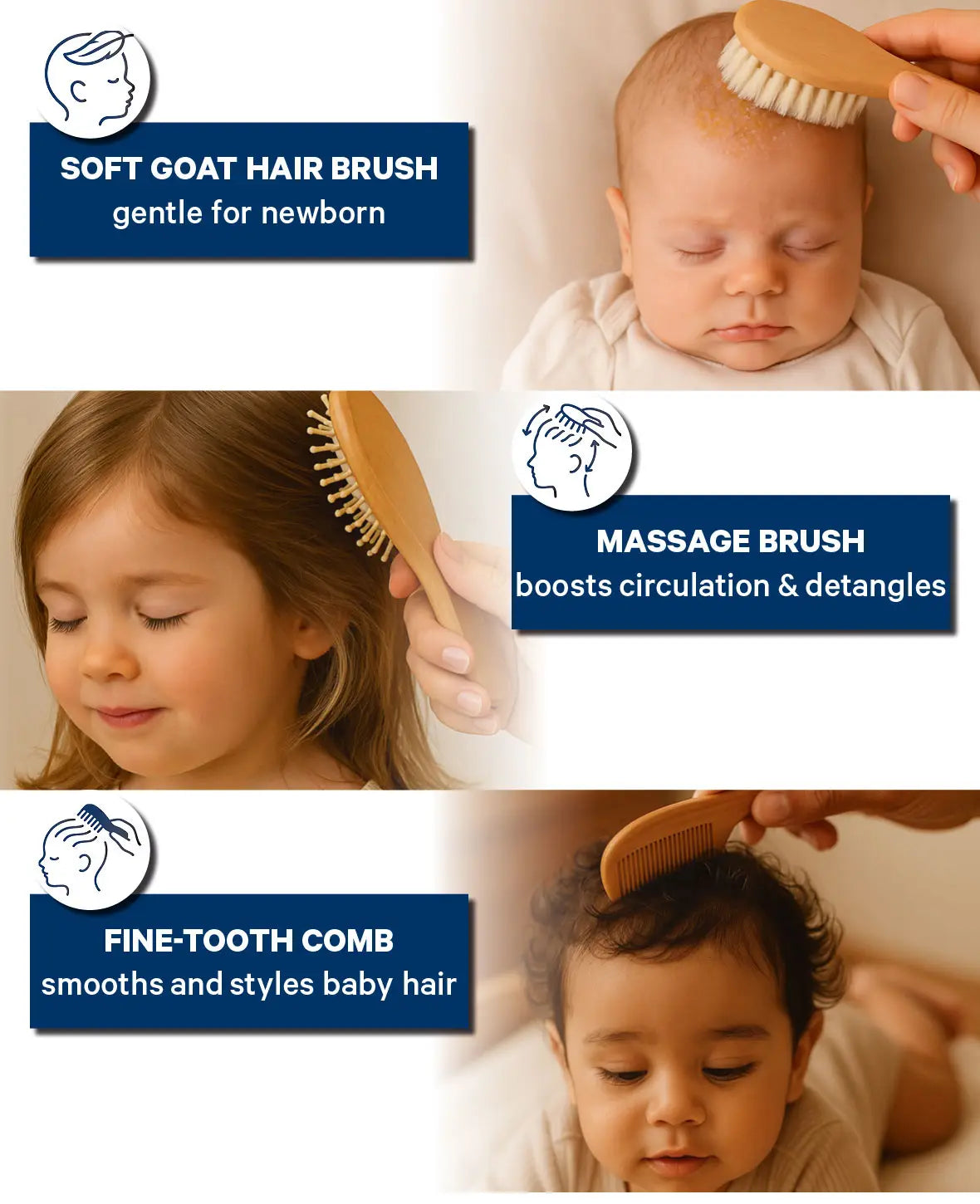 Baby Haarbürsten Set, 3-teilig – Sanft zur zarten Kopfhaut