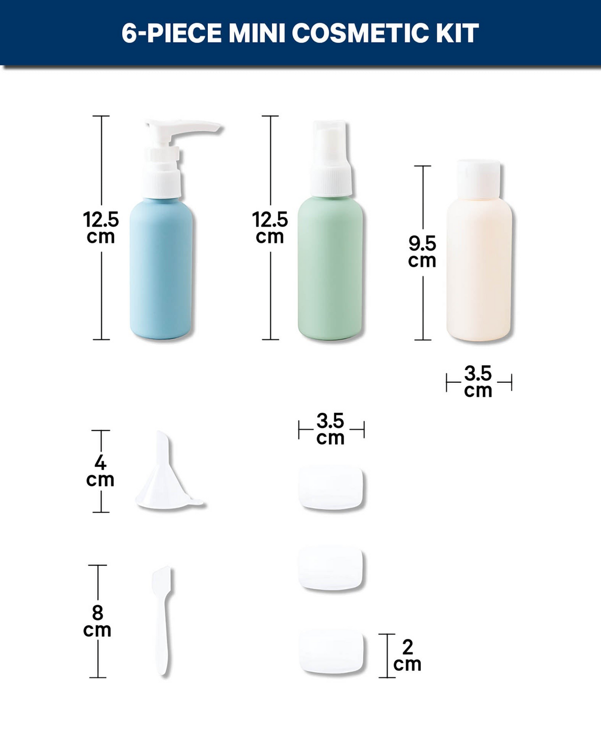 Esmée 6-teiliges Reise-Kosmetikset in Pastellfarben mit Pumpflasche, Sprayflasche, Dosen und Trichter für Handgepäck